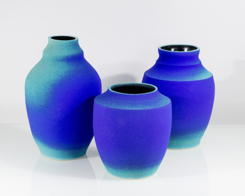 Composition of Blue/turquoise stoneware vases. Ceramics in Love / 64th Mostra della Ceramica, Castellamonte 2025 - first prize winner